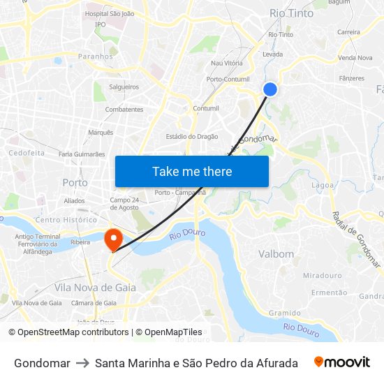 Gondomar to Santa Marinha e São Pedro da Afurada map