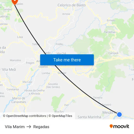 Vila Marim to Regadas map