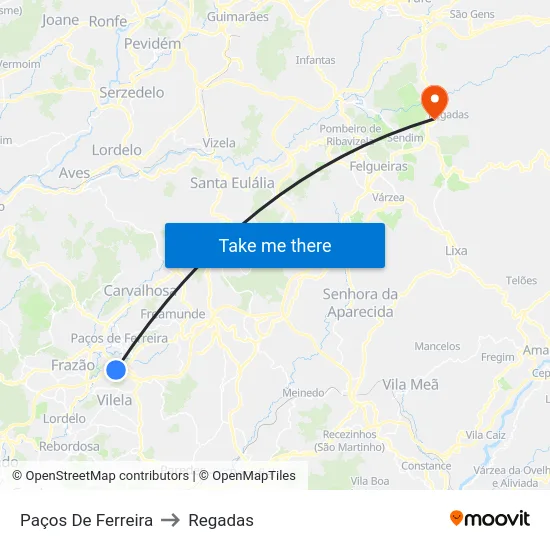 Paços De Ferreira to Regadas map