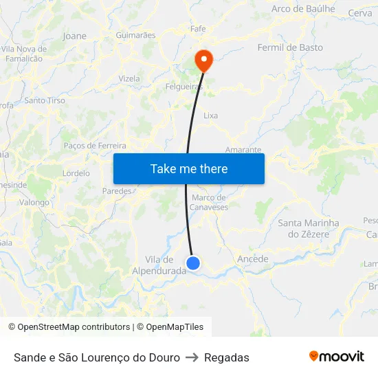Sande e São Lourenço do Douro to Regadas map