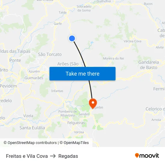 Freitas e Vila Cova to Regadas map