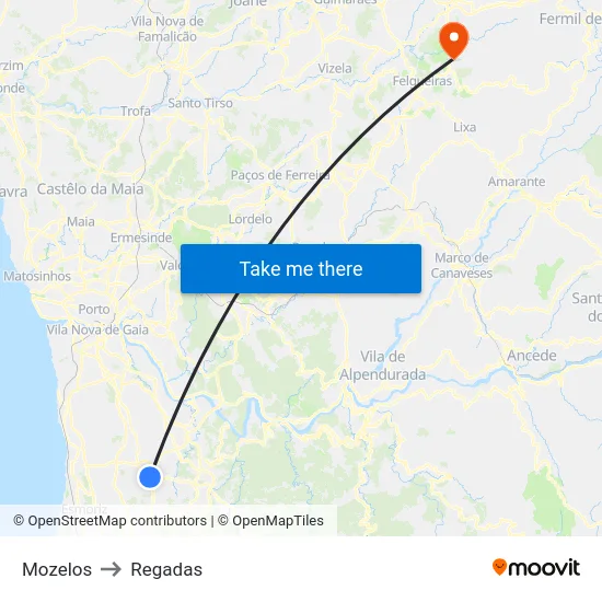 Mozelos to Regadas map