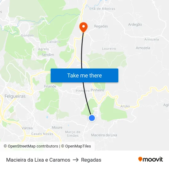 Macieira da Lixa e Caramos to Regadas map