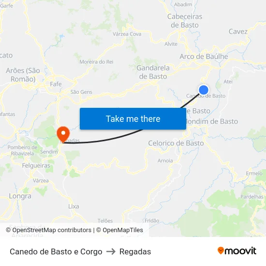 Canedo de Basto e Corgo to Regadas map