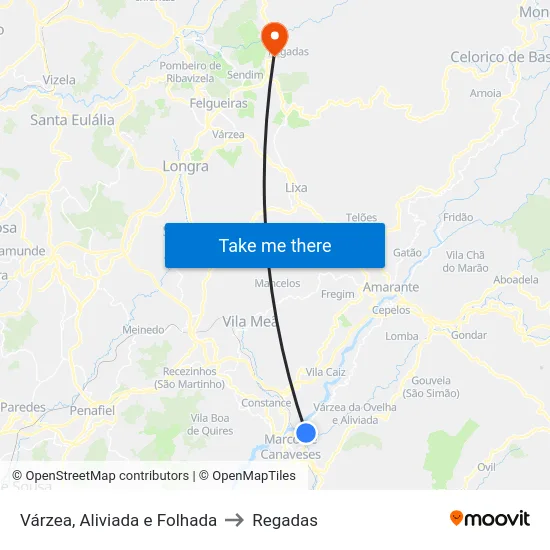 Várzea, Aliviada e Folhada to Regadas map