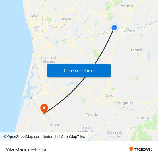 Vila Marim to Oiã map