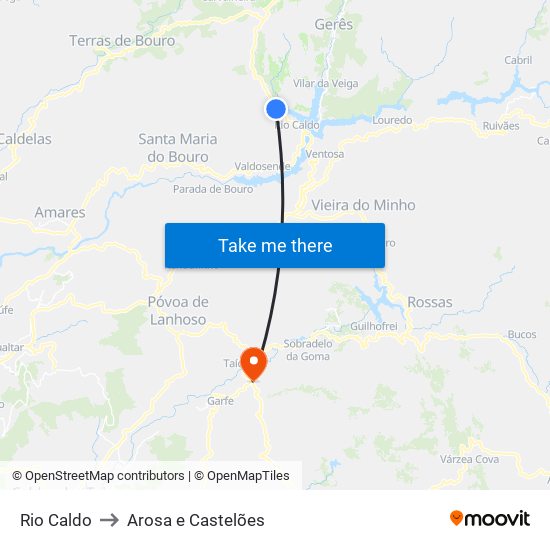 Rio Caldo to Arosa e Castelões map
