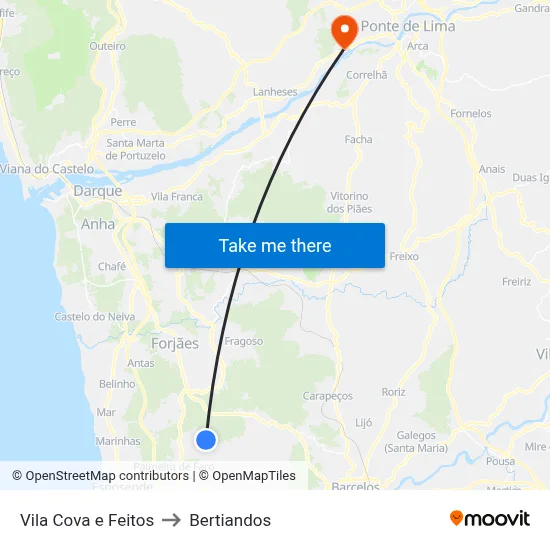 Vila Cova e Feitos to Bertiandos map