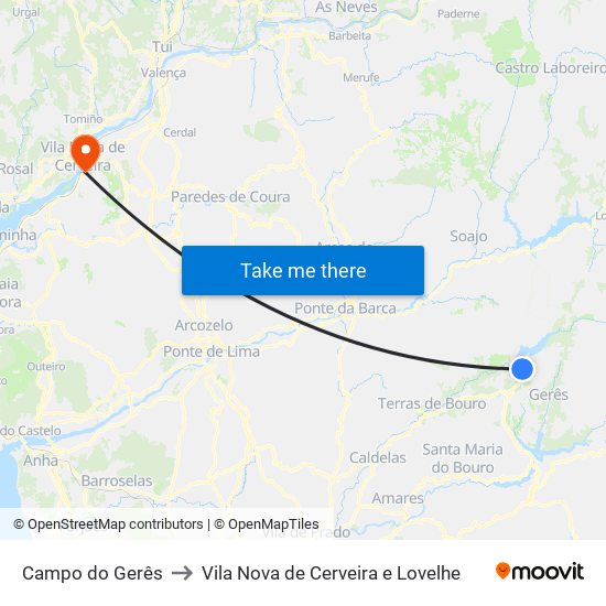 Campo do Gerês to Vila Nova de Cerveira e Lovelhe map