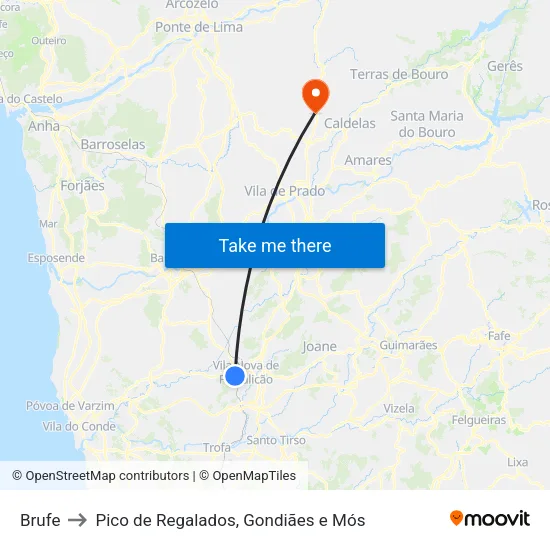 Brufe to Pico de Regalados, Gondiães e Mós map