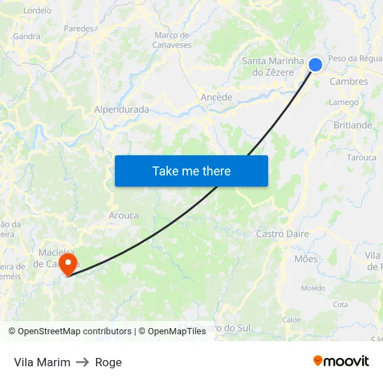 Vila Marim to Roge map