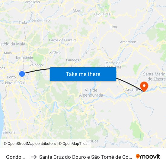 Gondomar to Santa Cruz do Douro e São Tomé de Covelas map