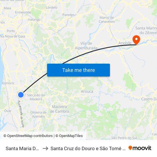 Santa Maria Da Feira to Santa Cruz do Douro e São Tomé de Covelas map