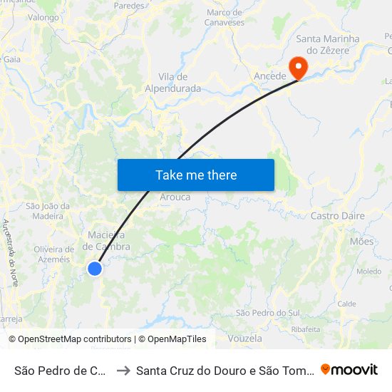 São Pedro de Castelões to Santa Cruz do Douro e São Tomé de Covelas map