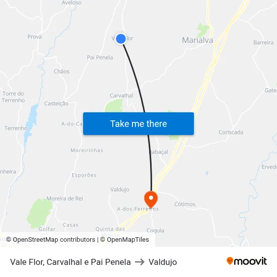 Vale Flor, Carvalhal e Pai Penela to Valdujo map