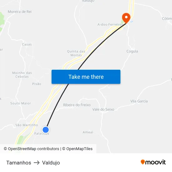 Tamanhos to Valdujo map