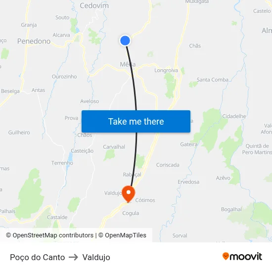 Poço do Canto to Valdujo map