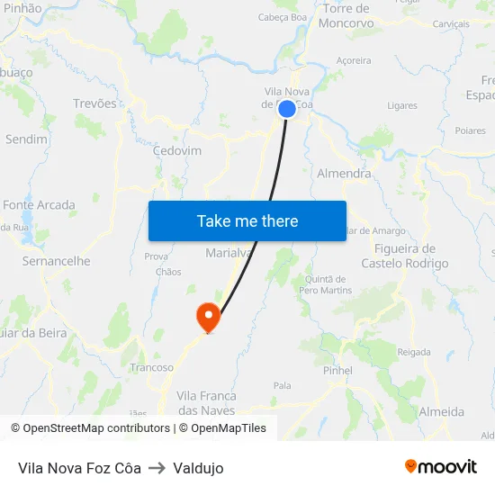 Vila Nova Foz Côa to Valdujo map