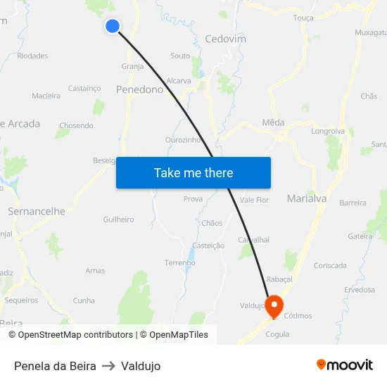Penela da Beira to Valdujo map