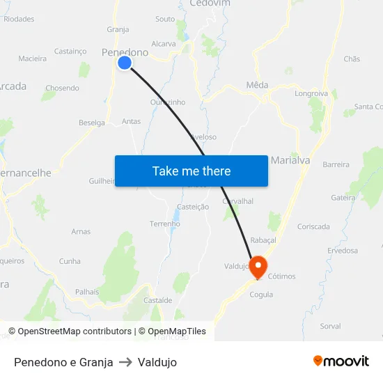 Penedono e Granja to Valdujo map