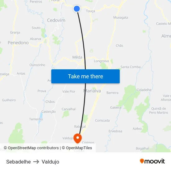 Sebadelhe to Valdujo map