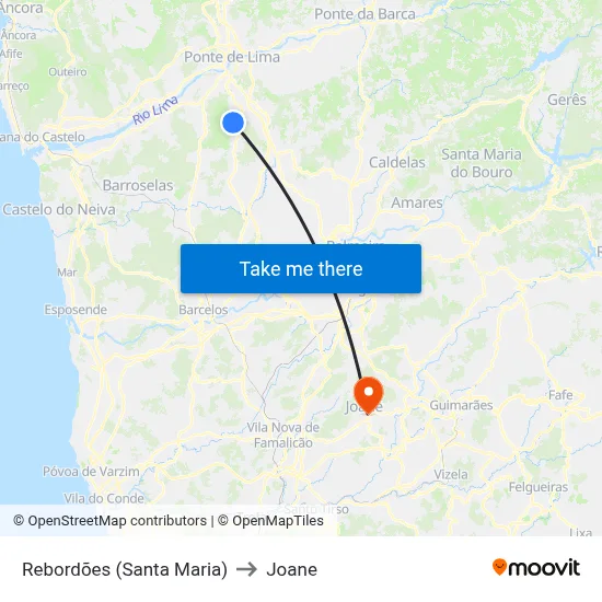Rebordões (Santa Maria) to Joane map