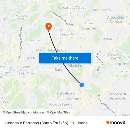 Lustosa e Barrosas (Santo Estêvão) to Joane map