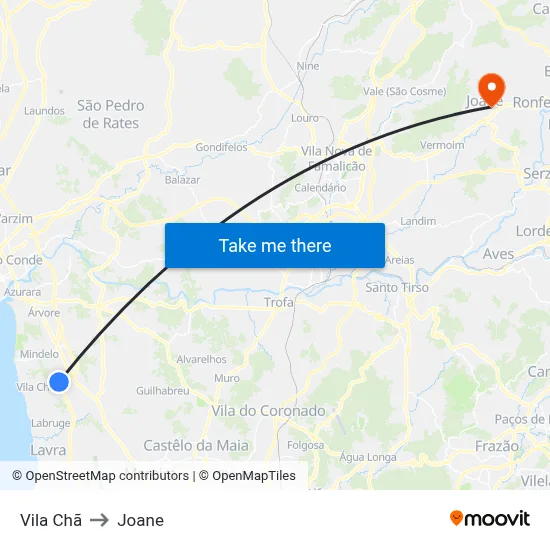 Vila Chã to Joane map