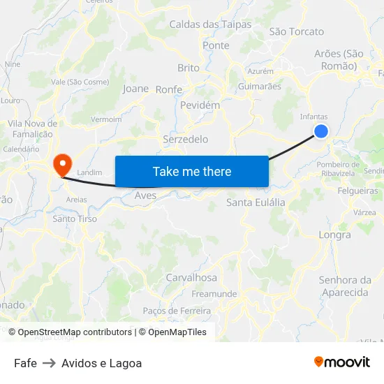 Fafe to Avidos e Lagoa map