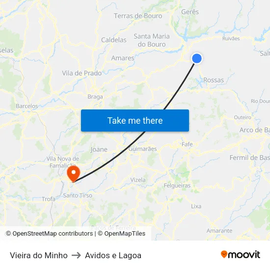 Vieira do Minho to Avidos e Lagoa map