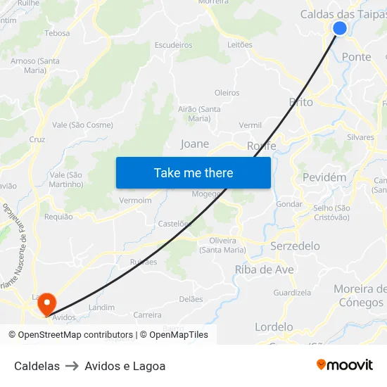 Caldelas to Avidos e Lagoa map