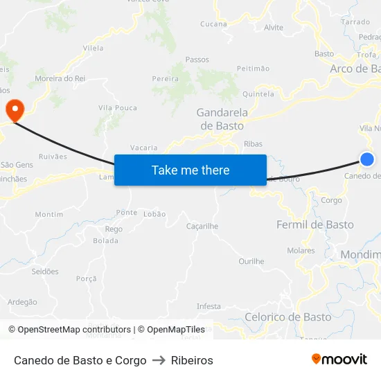 Canedo de Basto e Corgo to Ribeiros map