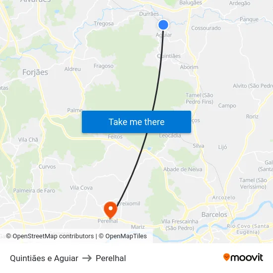 Quintiães e Aguiar to Perelhal map