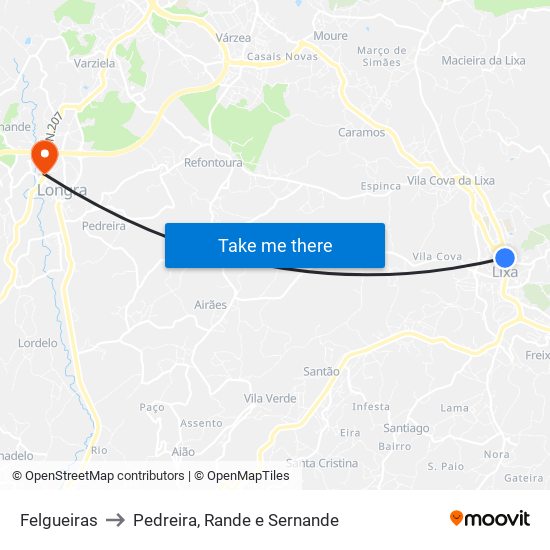 Felgueiras to Pedreira, Rande e Sernande map