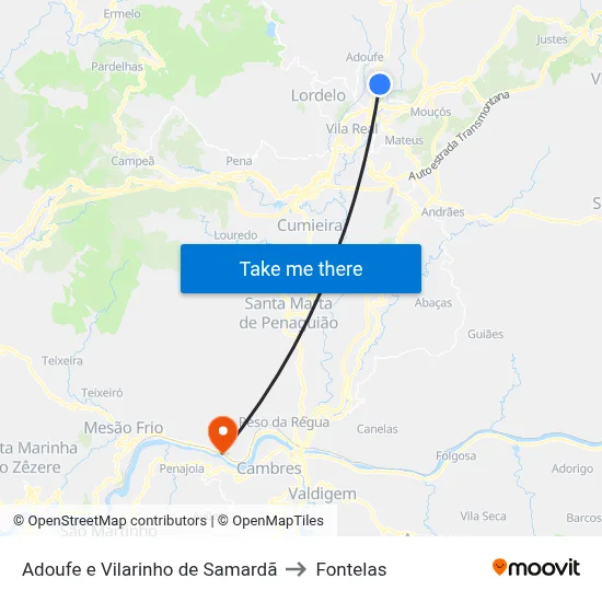Adoufe e Vilarinho de Samardã to Fontelas map