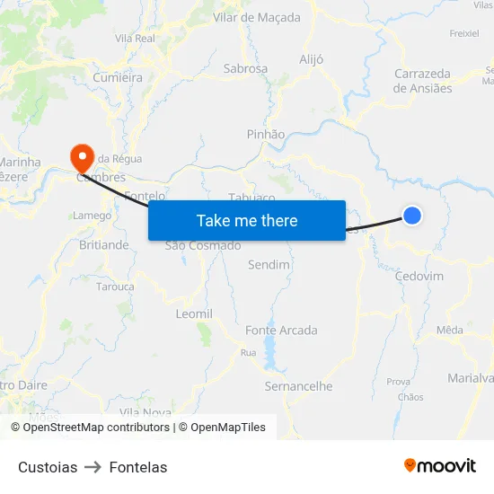 Custoias to Fontelas map