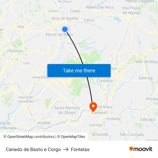 Canedo de Basto e Corgo to Fontelas map