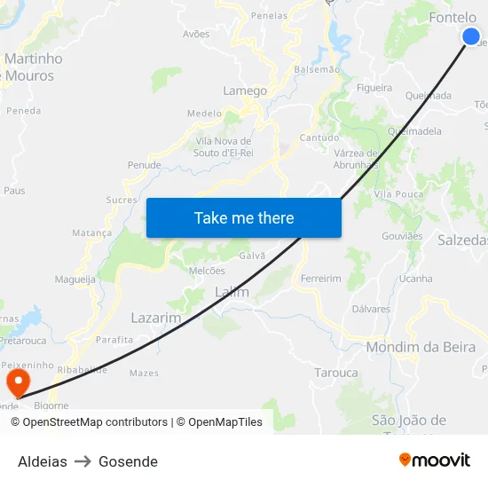 Aldeias to Gosende map
