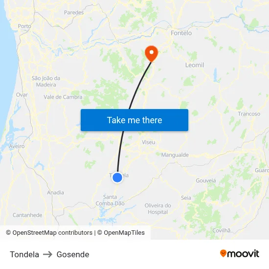 Tondela to Gosende map
