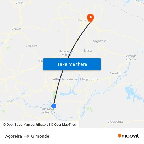 Açoreira to Gimonde map