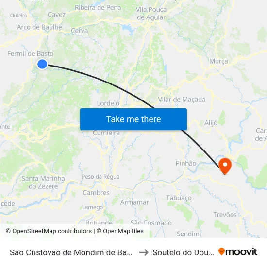 São Cristóvão de Mondim de Basto to Soutelo do Douro map
