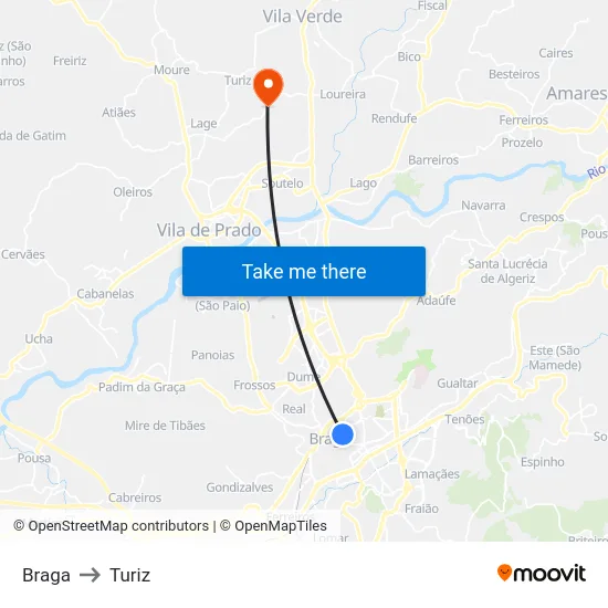 Braga to Turiz map