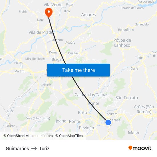 Guimarães to Turiz map