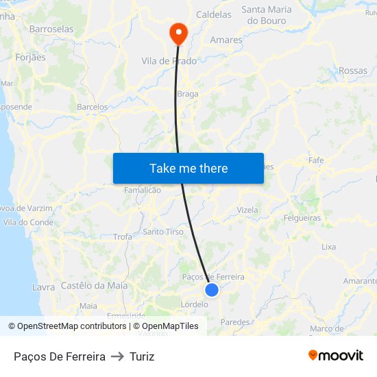Paços De Ferreira to Turiz map