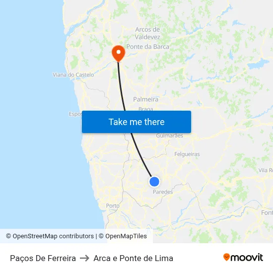 Paços De Ferreira to Arca e Ponte de Lima map