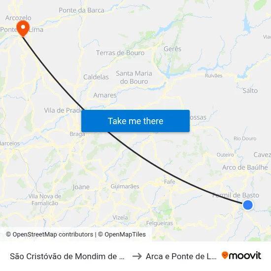 São Cristóvão de Mondim de Basto to Arca e Ponte de Lima map