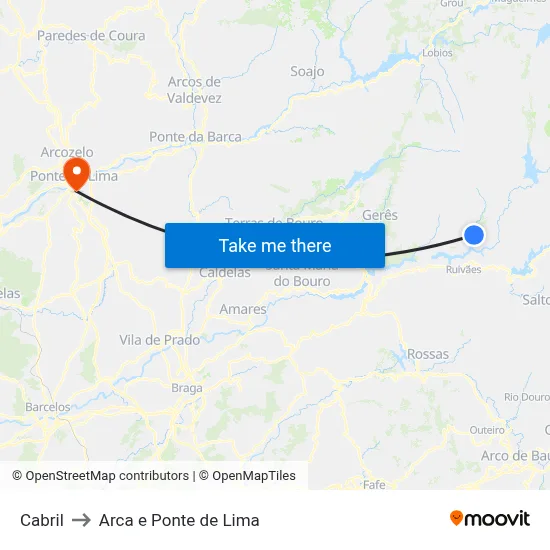 Cabril to Arca e Ponte de Lima map