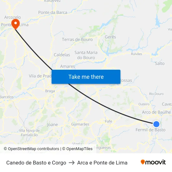 Canedo de Basto e Corgo to Arca e Ponte de Lima map