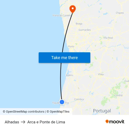 Alhadas to Arca e Ponte de Lima map