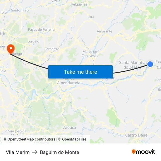 Vila Marim to Baguim do Monte map
